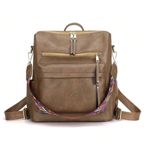 Luxe Vegan Leather Colorful Strap Backpack Shoulder bag - Picture 3 of 8